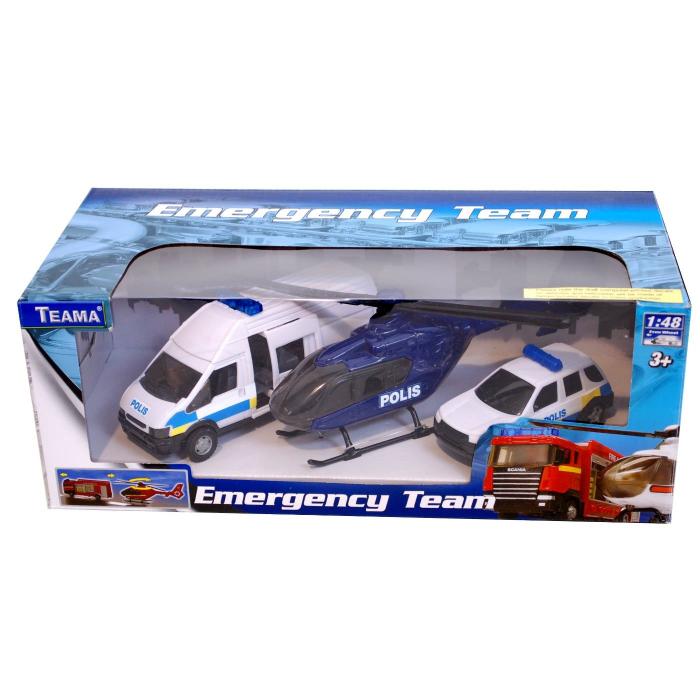 Teama Set med polisbuss, polishelikopter och polisbil