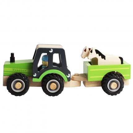 Magni Traktor i trä med trailer och djur - Grön - Magni